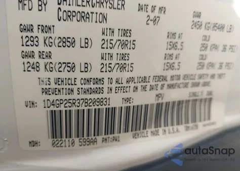 2007 Dodge Caravan Se z USA, uszkodzony, nr VIN 1D4GP25R37B209831